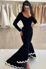 Black Velvet Long Sleeve Mermaid Evening Gown Deep V-Neck White Scallop Lace Trim Hem Sweep Train Formal Prom Dress