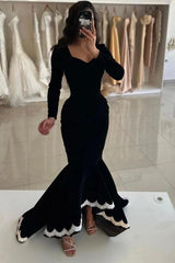 Black Velvet Long Sleeve Mermaid Evening Gown Deep V-Neck White Scallop Lace Trim Hem Sweep Train Formal Prom Dress