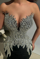 Black Velvet Mermaid Evening Gown Strapless Illusion Deep V Sweetheart 3D Crystal Leaf Beaded Bodice Silver Rhinestone Sweep Train