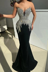 Black Velvet Mermaid Evening Gown Strapless Illusion Deep V Sweetheart 3D Crystal Leaf Beaded Bodice Silver Rhinestone Sweep Train