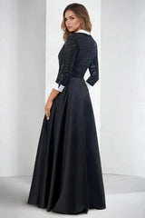 Black White Contrast Satin A-Line Evening Dress Deep V-Neck Tuxedo Lapel Allover Sequin Beaded Lace Bodice 3/4 Sleeves White Contrast Cuff Self-Tie Satin Bow Belt Voluminous Satin Skirt with Pockets