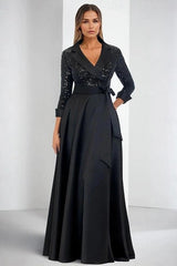 Black White Contrast Satin A-Line Evening Dress Deep V-Neck Tuxedo Lapel Allover Sequin Beaded Lace Bodice 3/4 Sleeves White Contrast Cuff Self-Tie Satin Bow Belt Voluminous Satin Skirt with Pockets