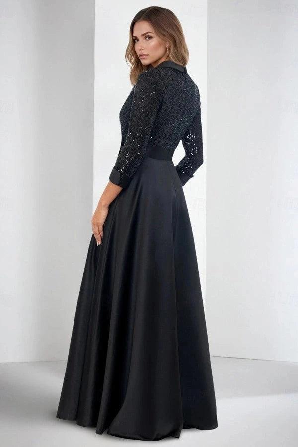 Black White Contrast Satin A-Line Evening Dress Deep V-Neck Tuxedo Lapel Allover Sequin Beaded Lace Bodice 3/4 Sleeves White Contrast Cuff Self-Tie Satin Bow Belt Voluminous Satin Skirt with Pockets