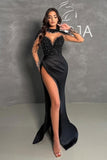 Black Split Front Halter Sweetheart Floor-Length Long Sleeves Stain Prom Dresses with Beadings