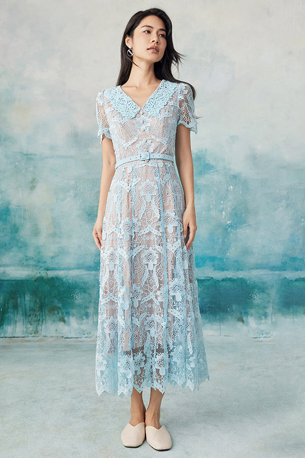 Blue Ankle Length V-neck Lace Dress with Short Sleeves