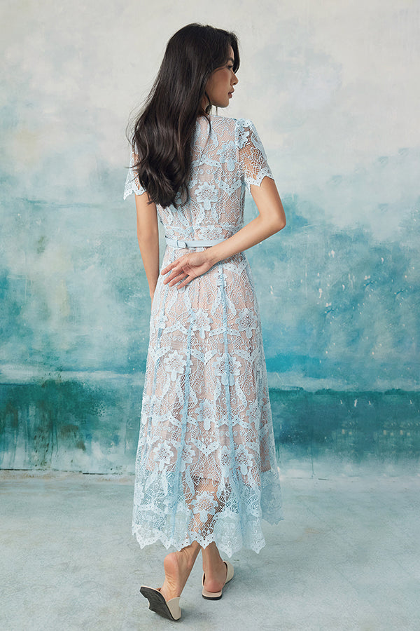 Blue Ankle Length V-neck Lace Dress with Short Sleeves