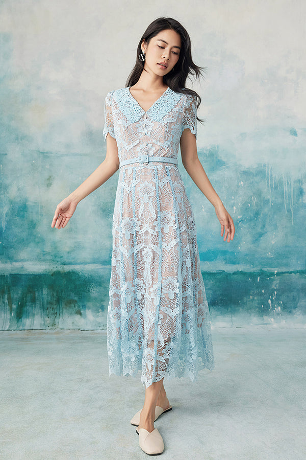 Blue Ankle Length V-neck Lace Dress with Short Sleeves