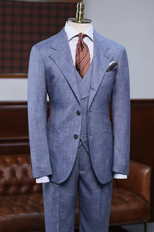 Blue Chic Notched Lapel Three-Piece Business Suit