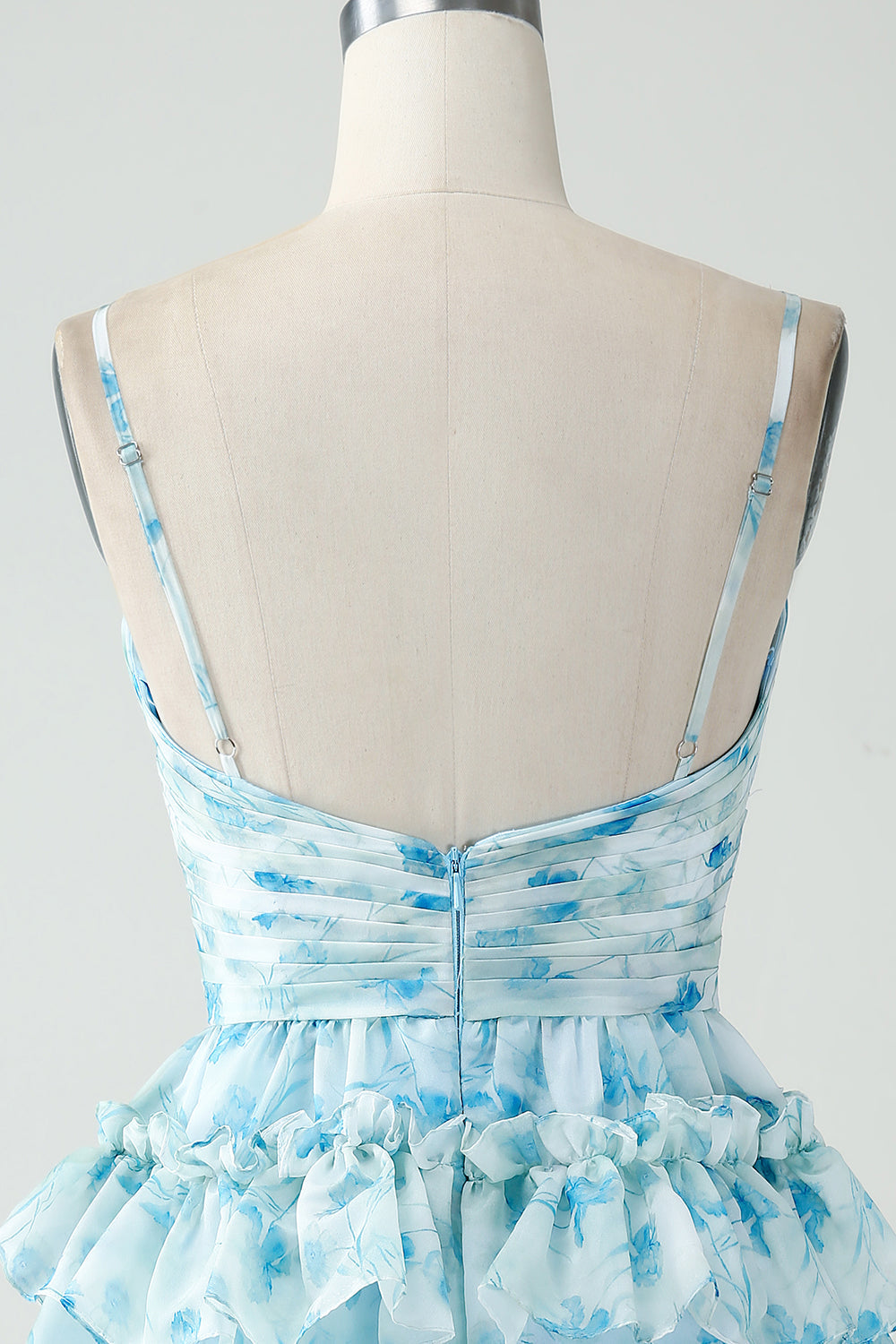 Blue Floral Print Sweetheart Spaghetti Straps Waist Cutout 4-Tier Ruffle Skirt Open Back A-Line Homecoming Dress Mini