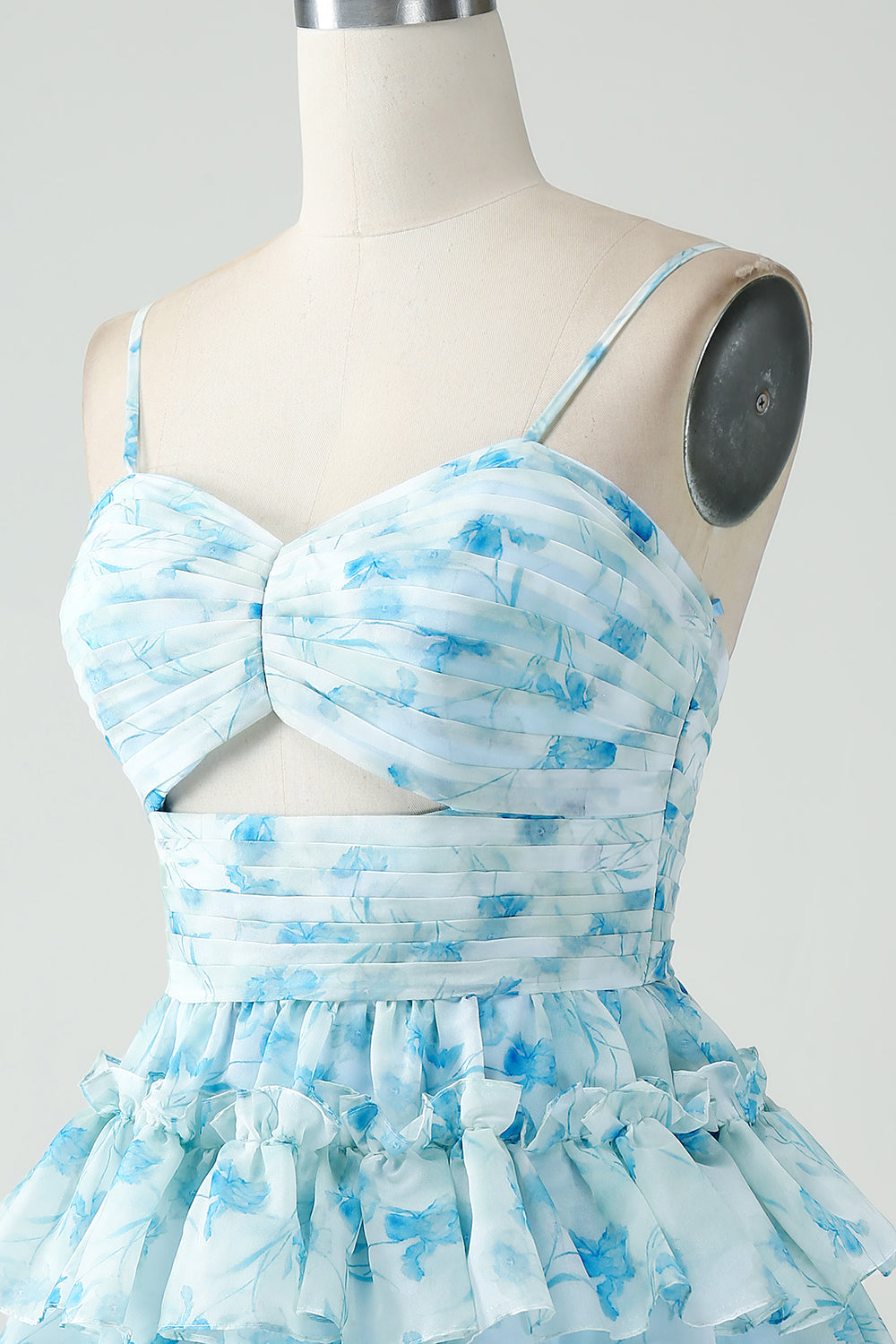 Blue Floral Print Sweetheart Spaghetti Straps Waist Cutout 4-Tier Ruffle Skirt Open Back A-Line Homecoming Dress Mini