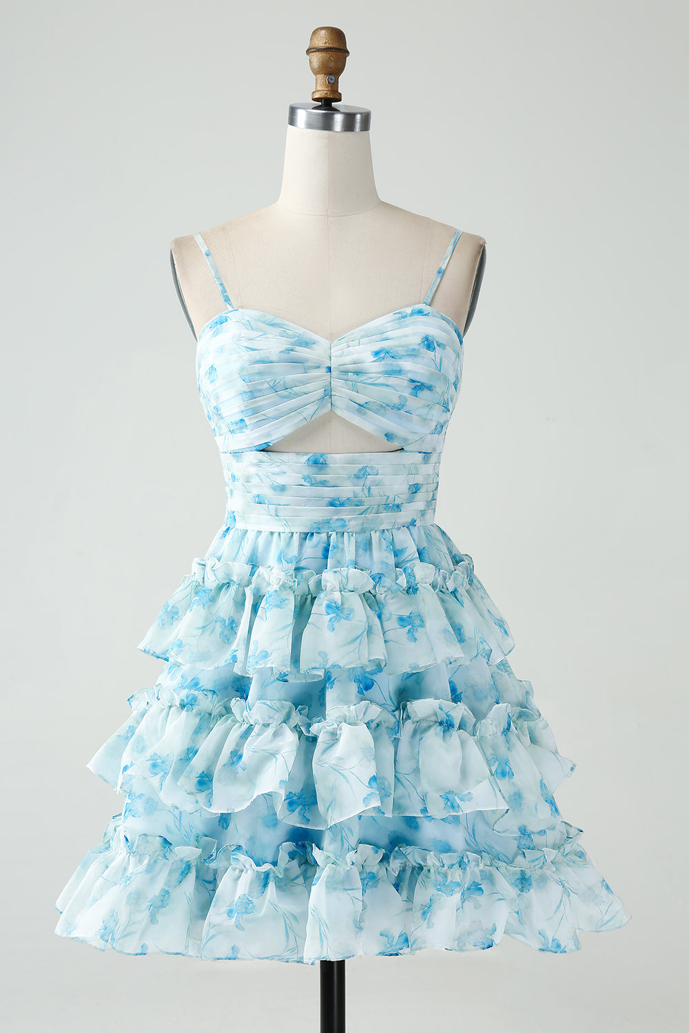 Blue Floral Print Sweetheart Spaghetti Straps Waist Cutout 4-Tier Ruffle Skirt Open Back A-Line Homecoming Dress Mini