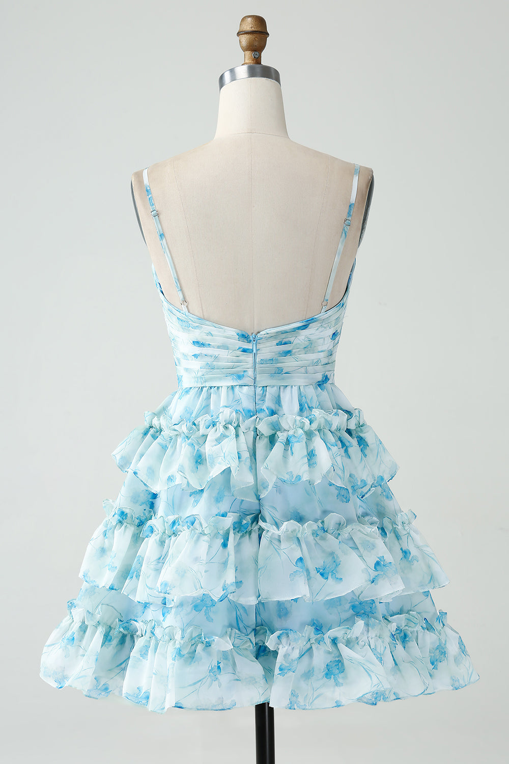 Blue Floral Print Sweetheart Spaghetti Straps Waist Cutout 4-Tier Ruffle Skirt Open Back A-Line Homecoming Dress Mini