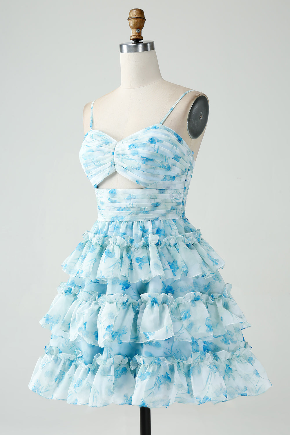 Blue Floral Print Sweetheart Spaghetti Straps Waist Cutout 4-Tier Ruffle Skirt Open Back A-Line Homecoming Dress Mini