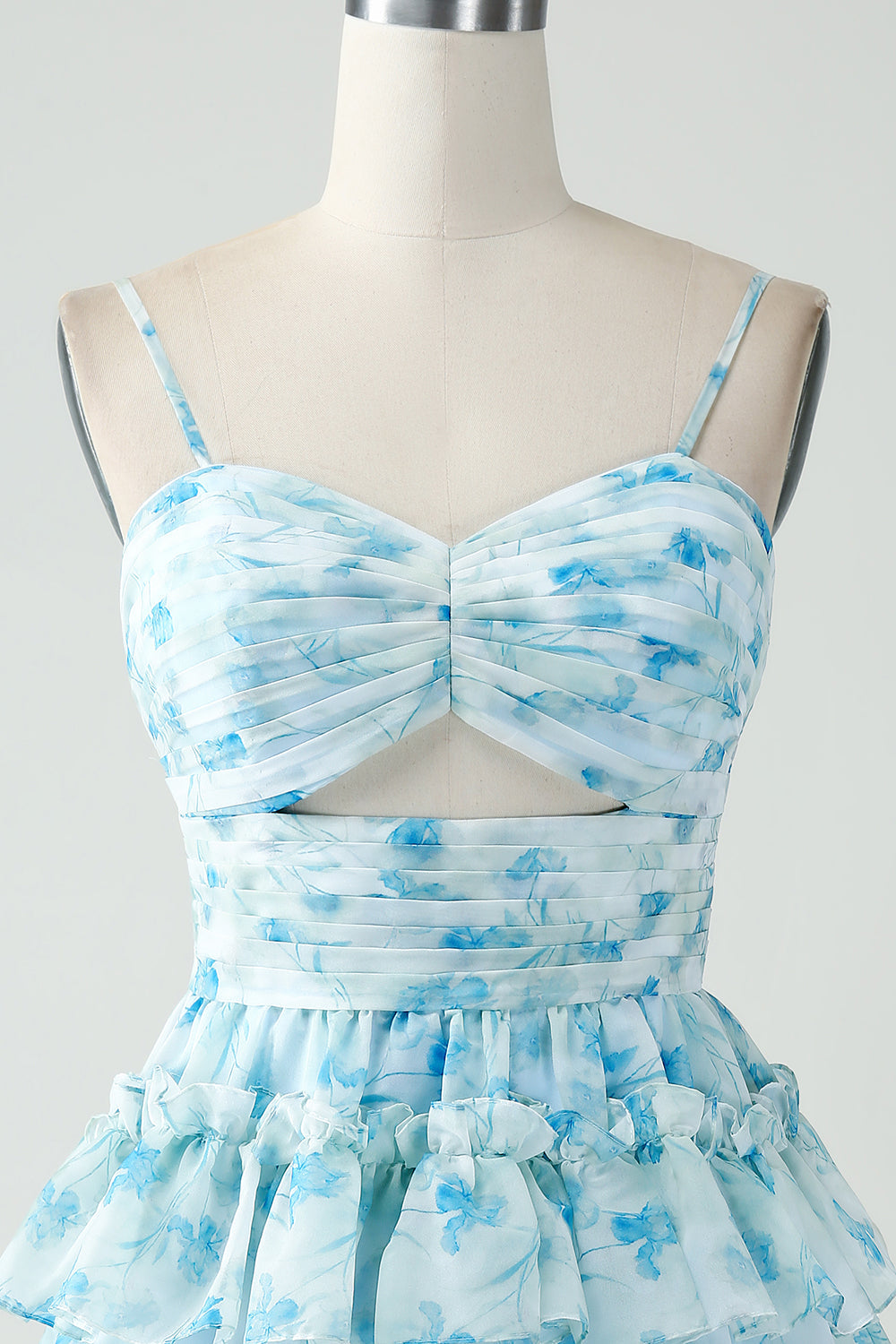 Blue Floral Print Sweetheart Spaghetti Straps Waist Cutout 4-Tier Ruffle Skirt Open Back A-Line Homecoming Dress Mini