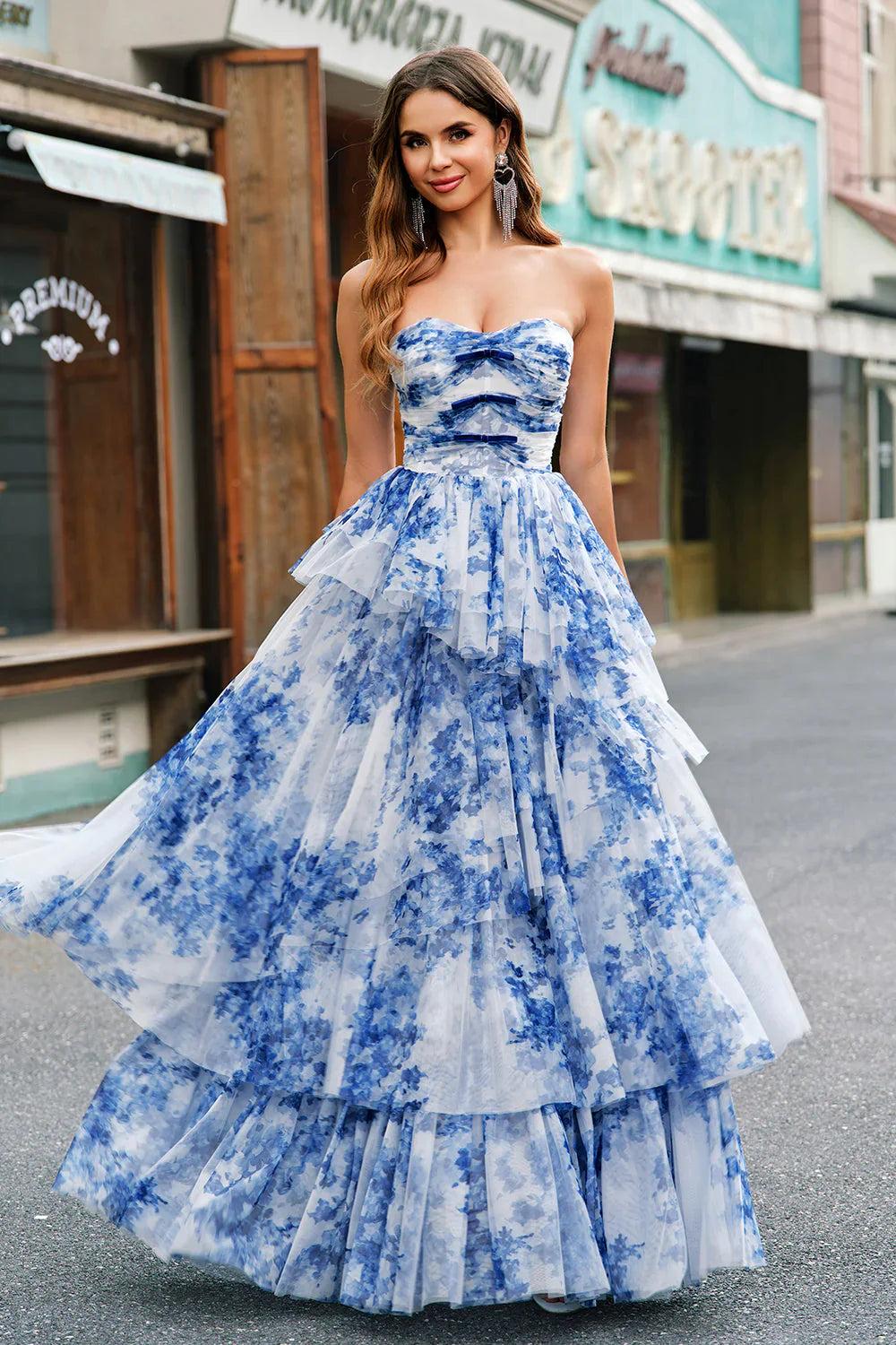 Light blue sweetheart ruffled A-line prom dress
