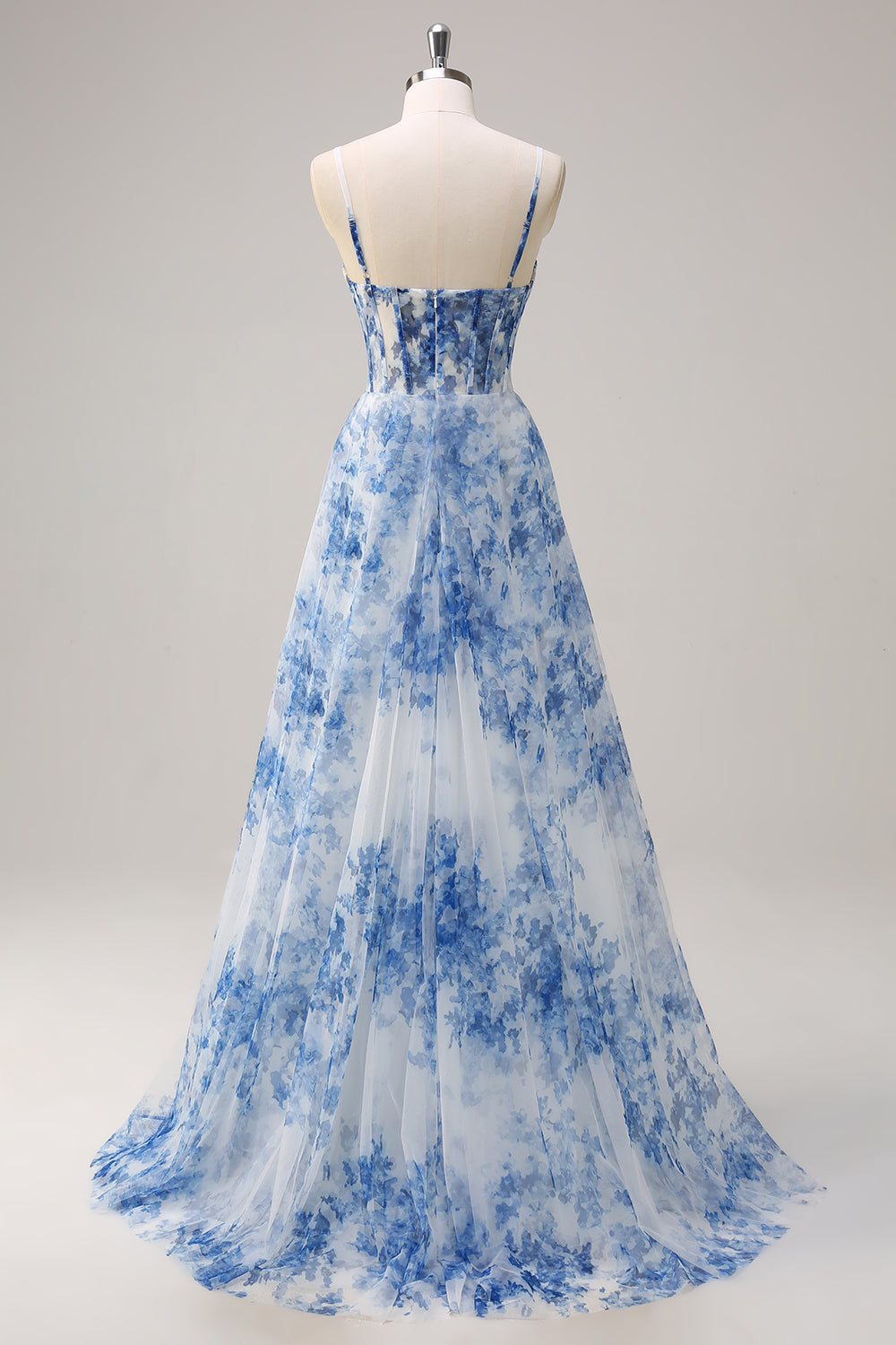 Blue square applique A-line prom dress