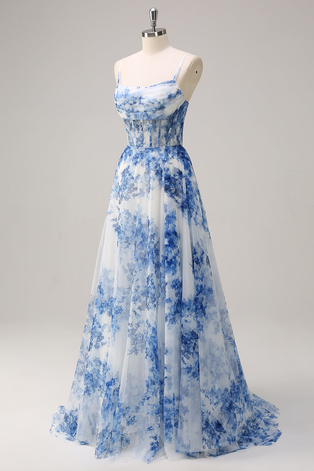 Blue square applique A-line prom dress