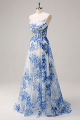 Blue square applique A-line prom dress