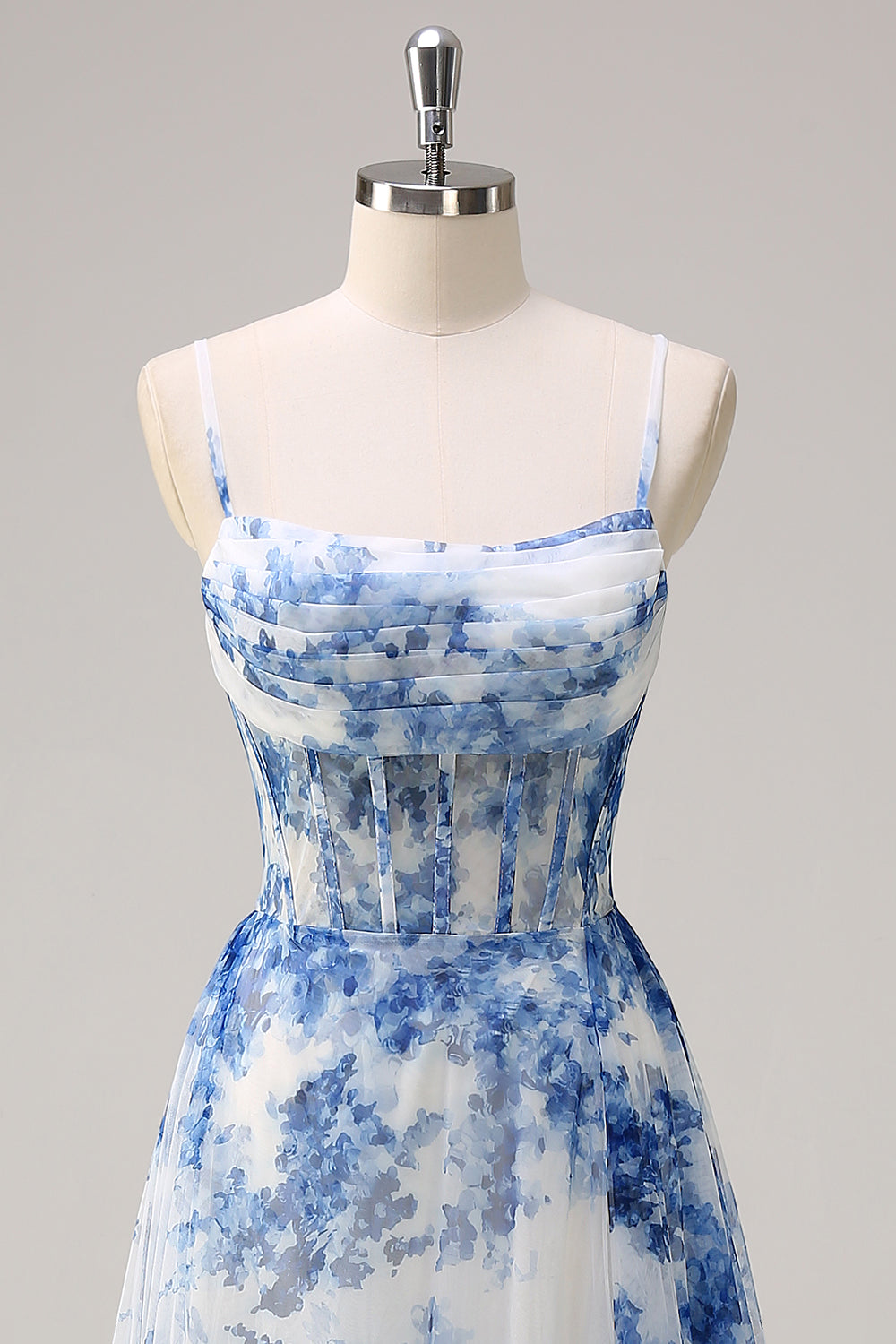 Blue square applique A-line prom dress