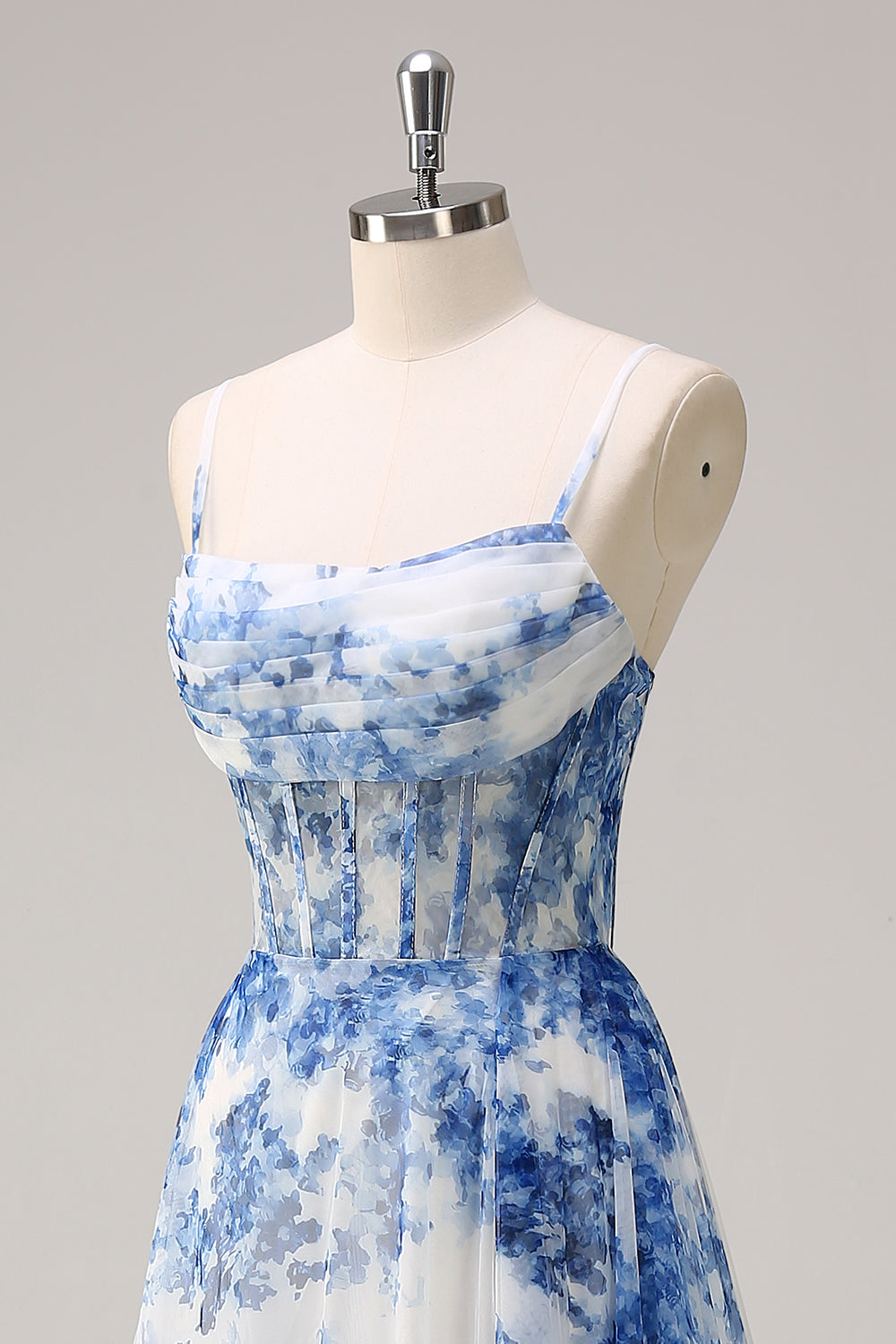 Blue square applique A-line prom dress