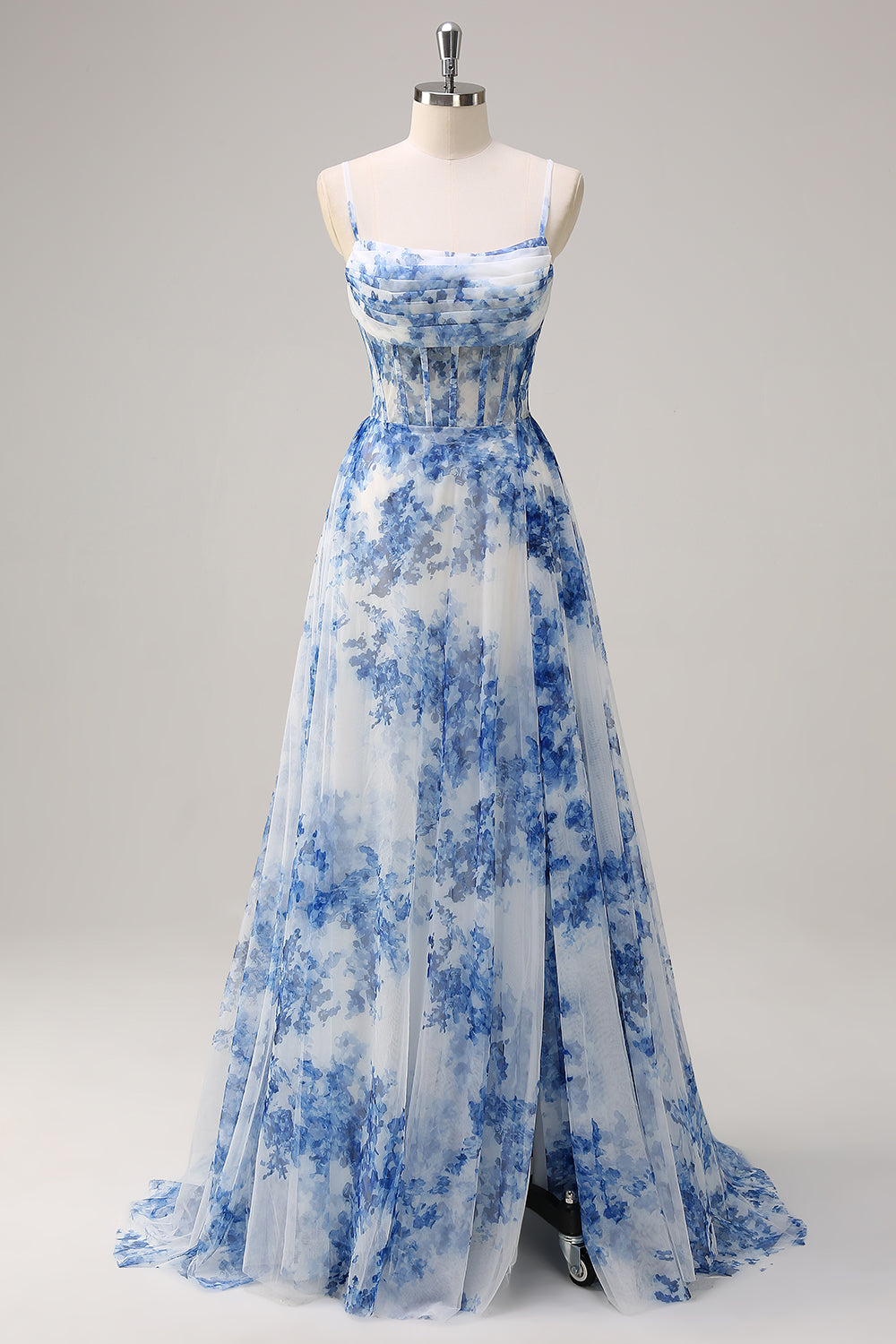 Blue square applique A-line prom dress