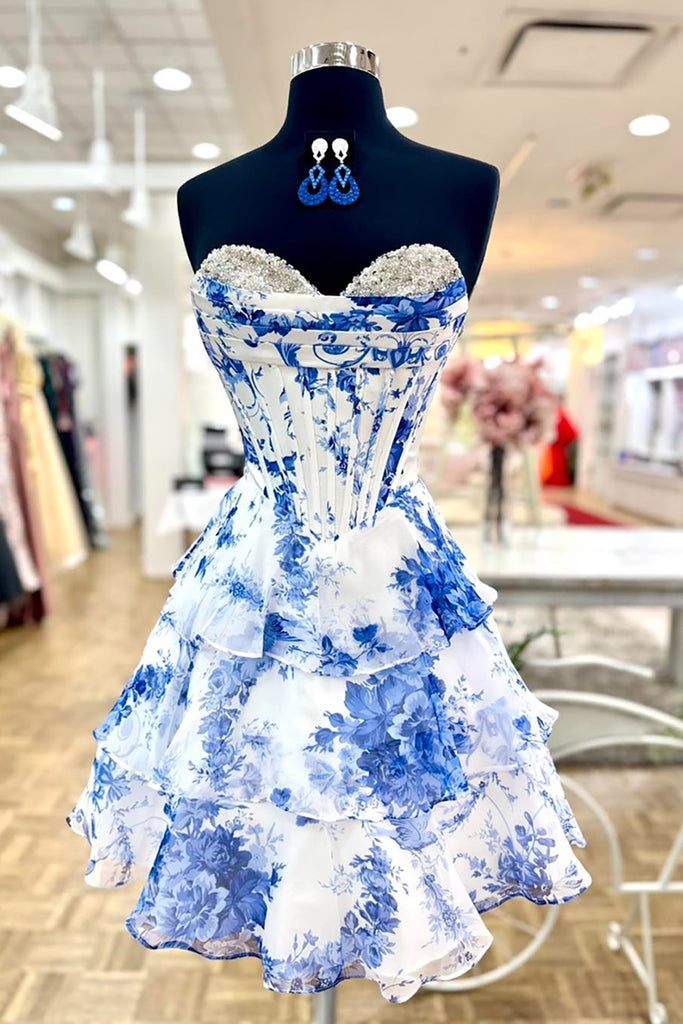 Blue Floral Ruffled A-Line Short Corset Homecoming Dress with Beading