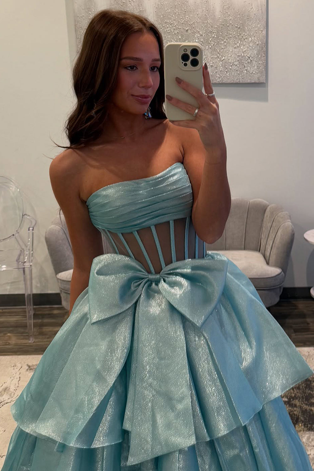 Blue Glitter Long A Line Strapless Corset Prom Dress with Tiered Slit