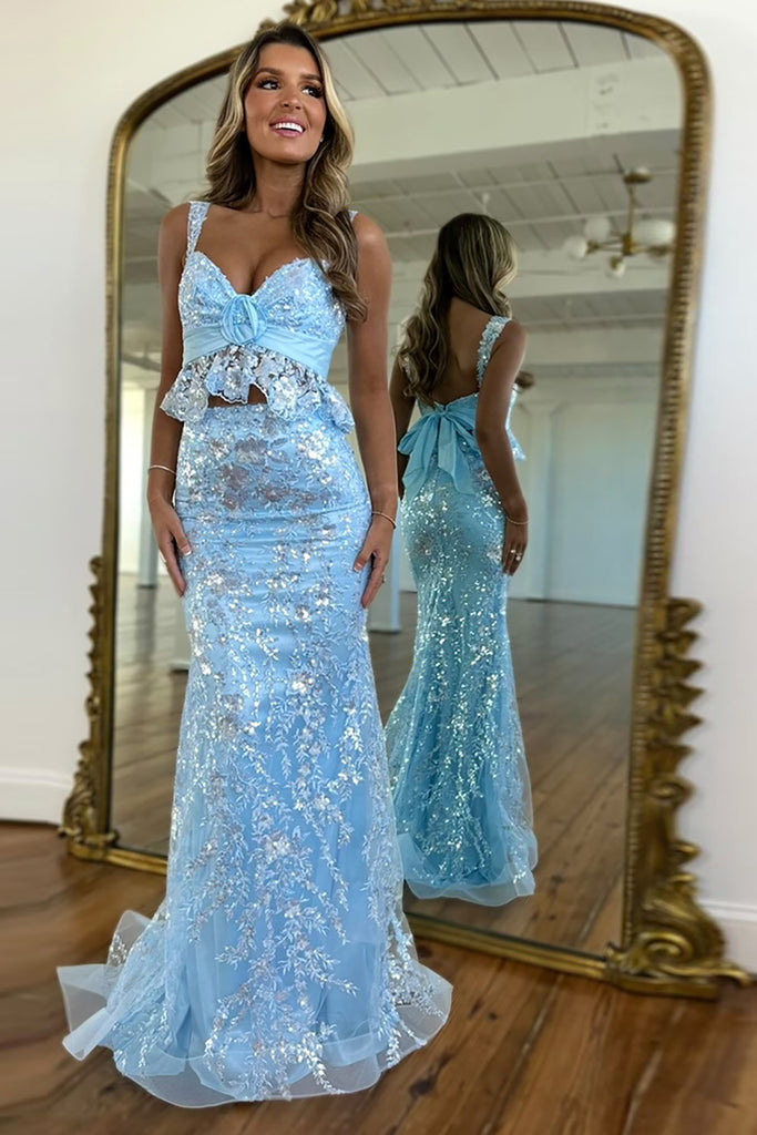 Blue Glitter Sweetheart Long Prom Dress with Bowknot Applique – misshow.com