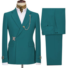 Blue Green Notched Lapel Contemporary Two Pieces Men’s Suits