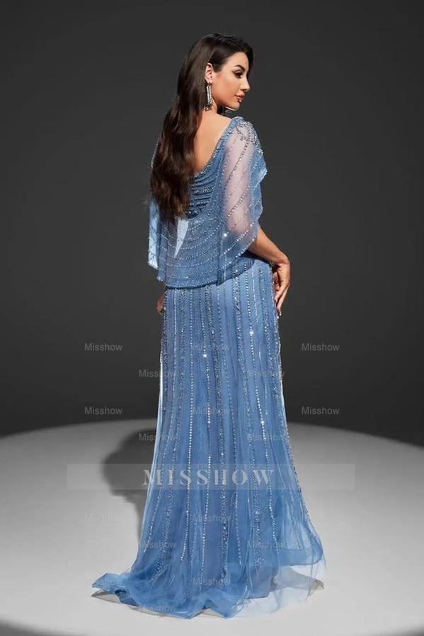 Blue High Neck Sleeveless Mermaid Sequined Beaded Floor Length Formal Evening Gown