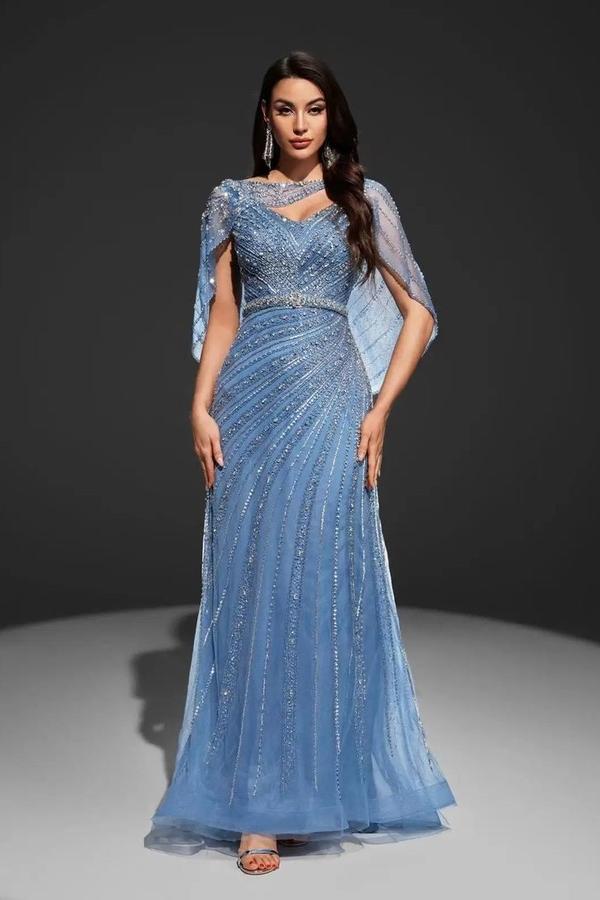 Blue High Neck Sleeveless Mermaid Sequined Beaded Floor Length Formal Evening Gown