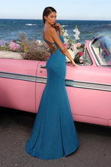 Blue High Split Column One Shoulder Prom Evening Dresses with Ruffles