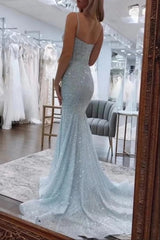 Light blue sweetheart sequin mermaid evening dress