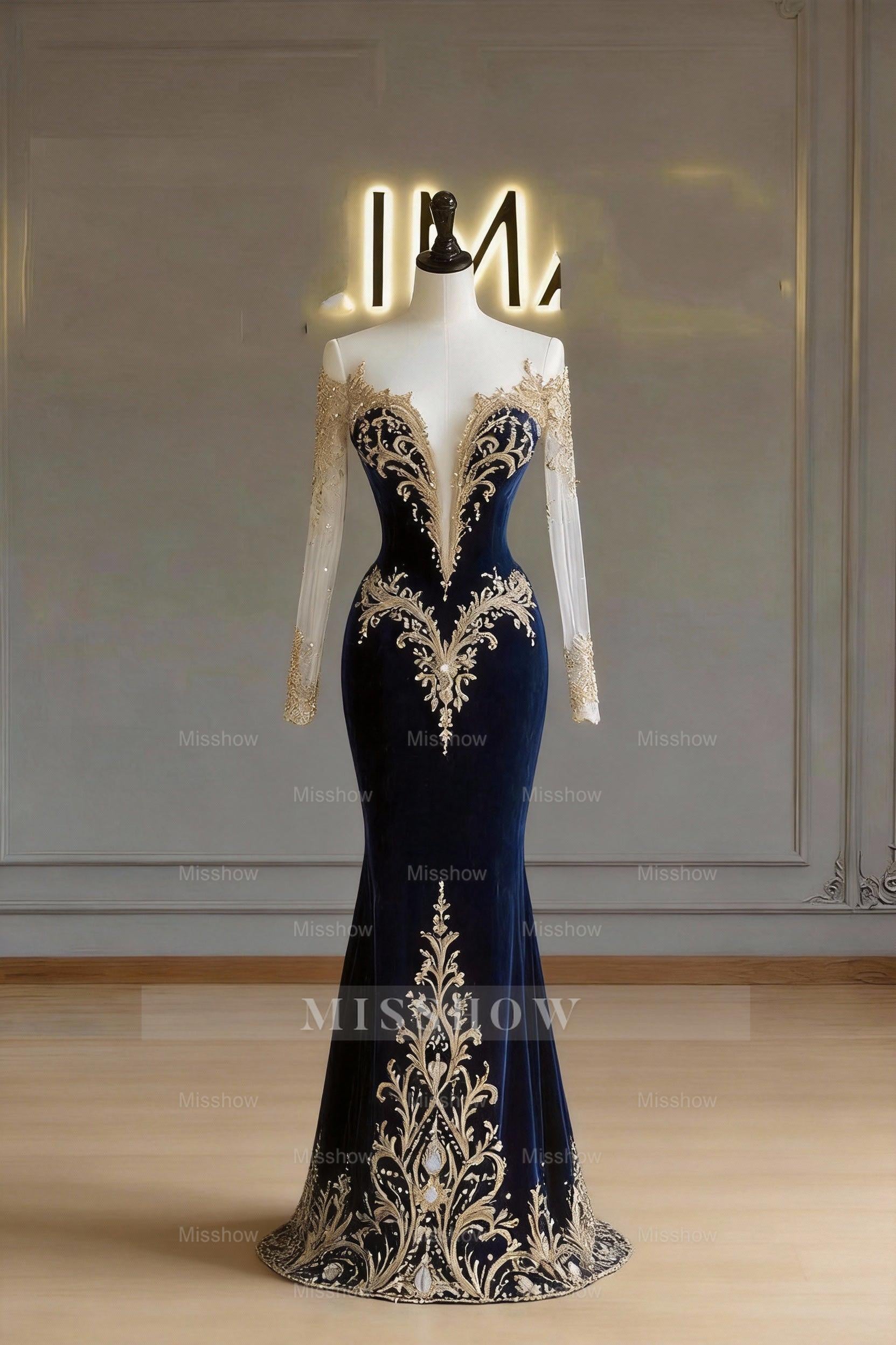 Blue Illusion Sweetheart Long Sleeve Velvet Mermaid Floor Length Formal Evening Gown