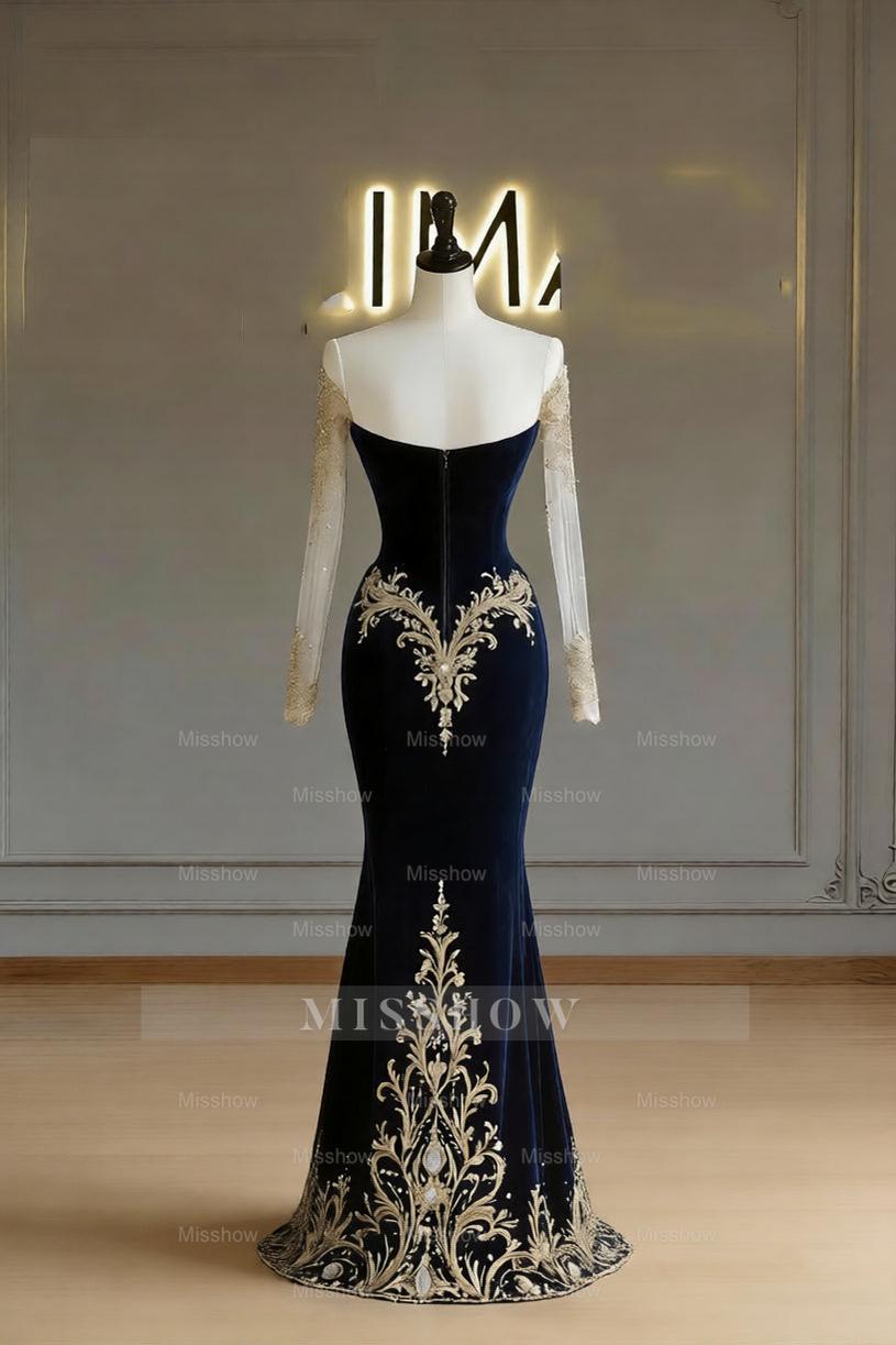 Blue Illusion Sweetheart Long Sleeve Velvet Mermaid Floor Length Formal Evening Gown