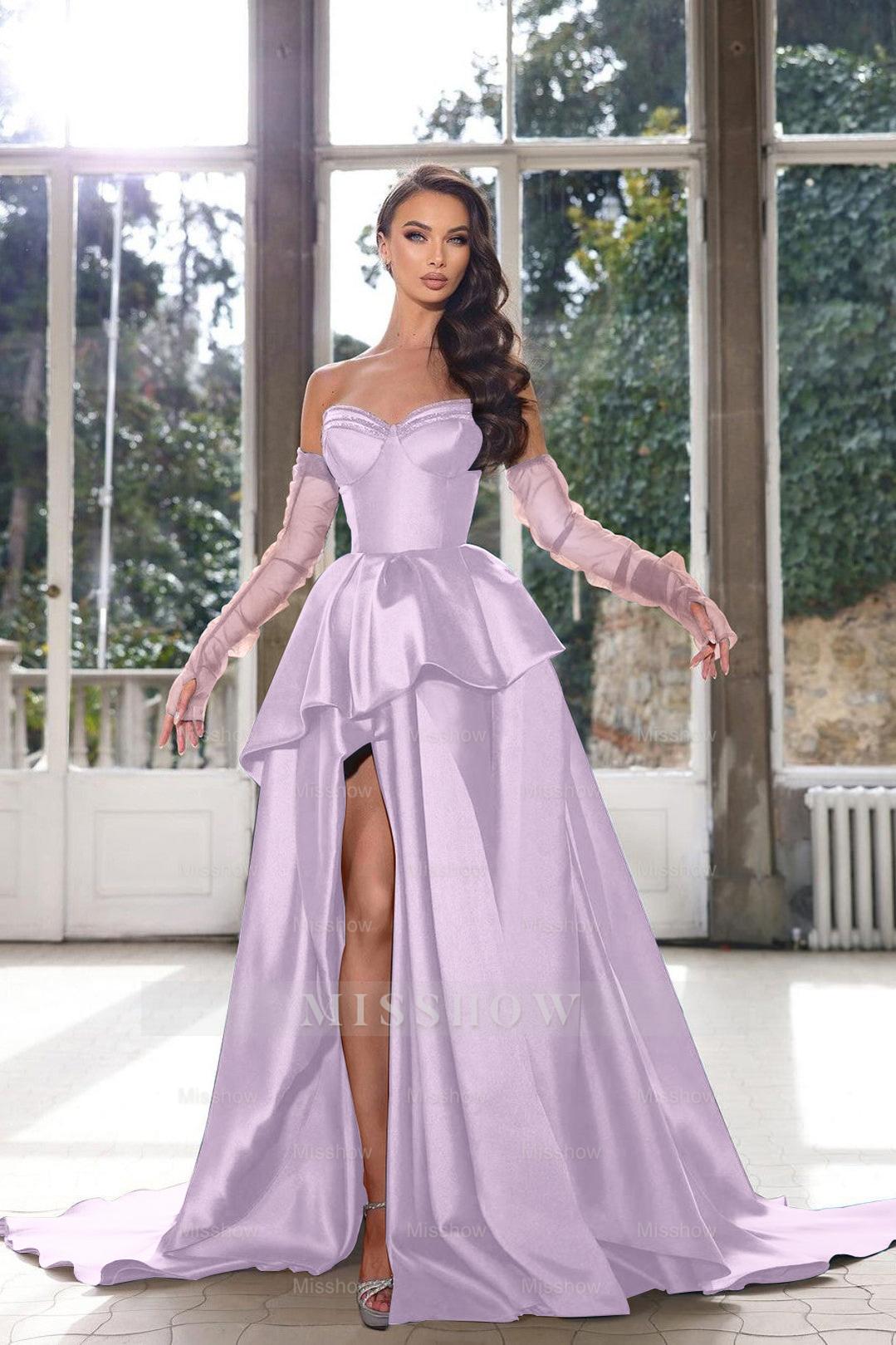 Blue Ink Sweetheart Detachable Long Sleeves A-Line Satin Ruffled Floor Length Formal Gown