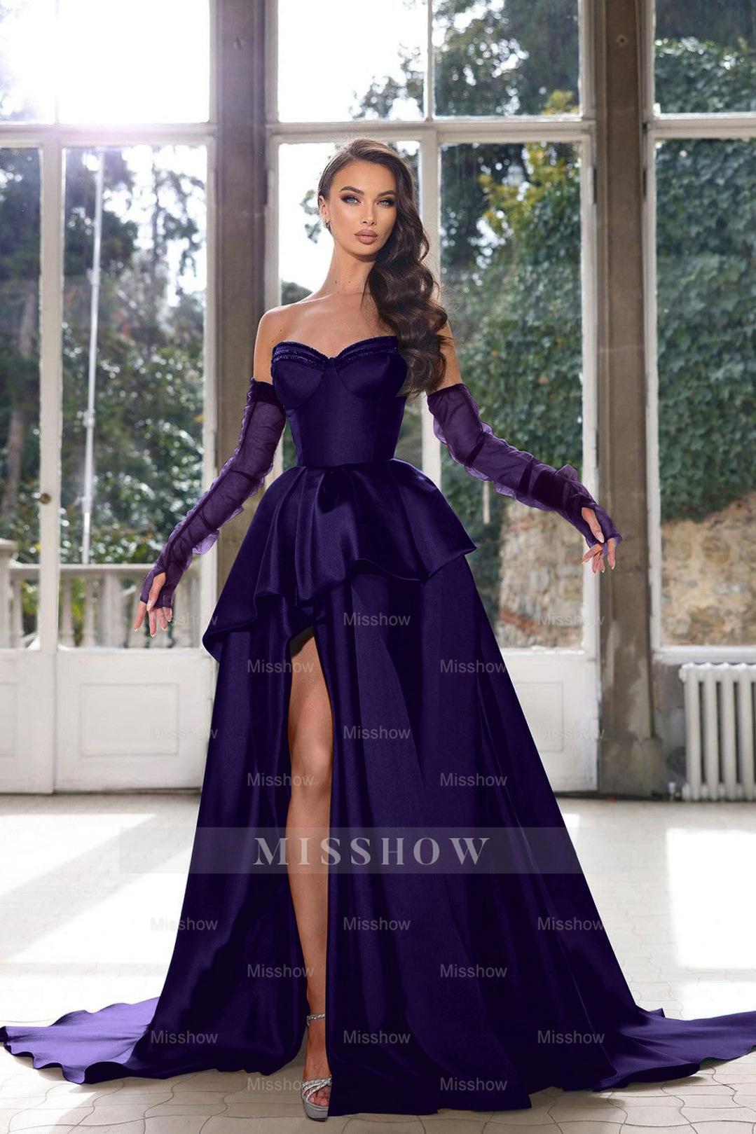 Blue Ink Sweetheart Detachable Long Sleeves A-Line Satin Ruffled Floor Length Formal Gown