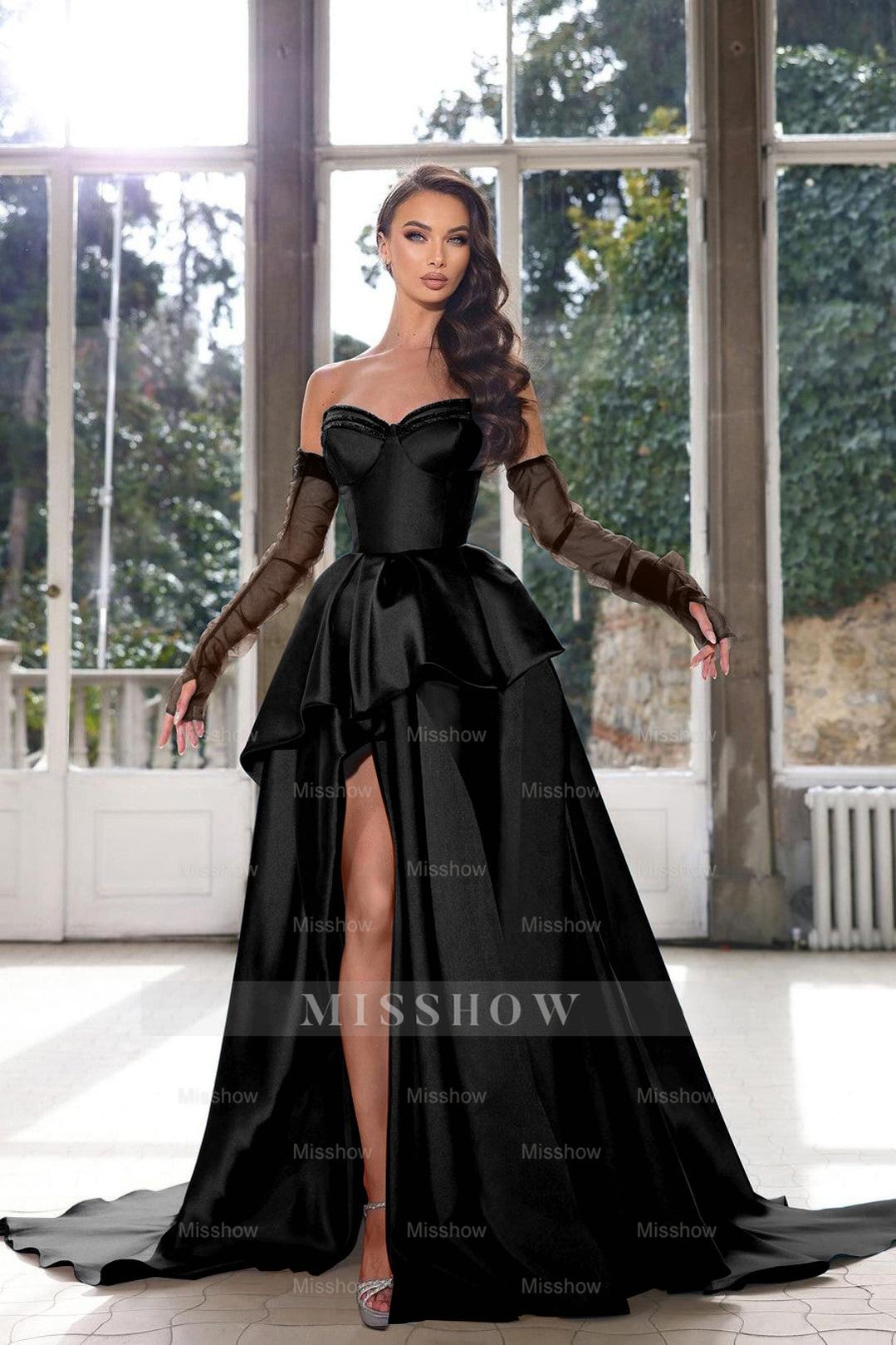 Blue Ink Sweetheart Detachable Long Sleeves A-Line Satin Ruffled Floor Length Formal Gown