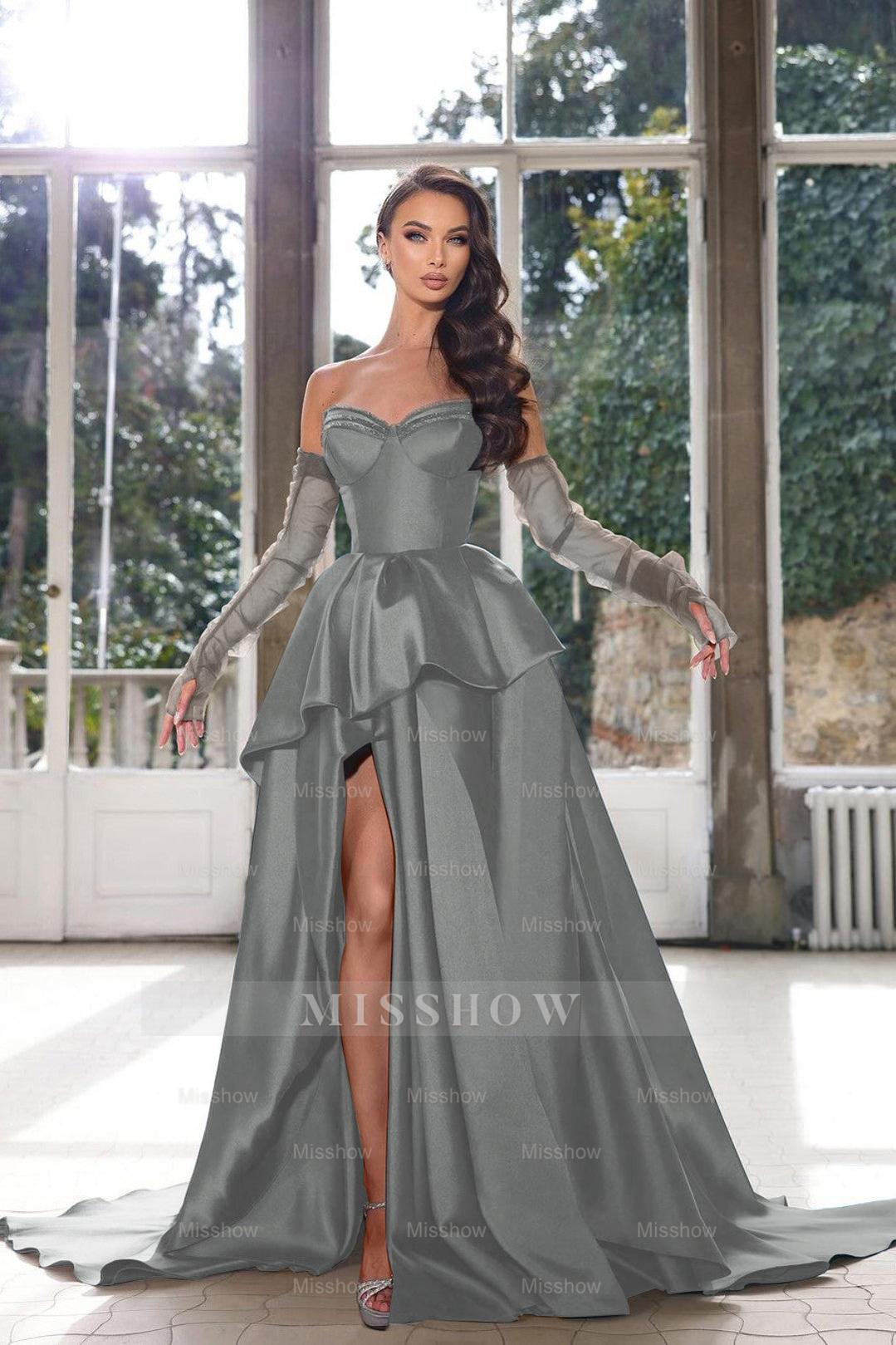 Blue Ink Sweetheart Detachable Long Sleeves A-Line Satin Ruffled Floor Length Formal Gown