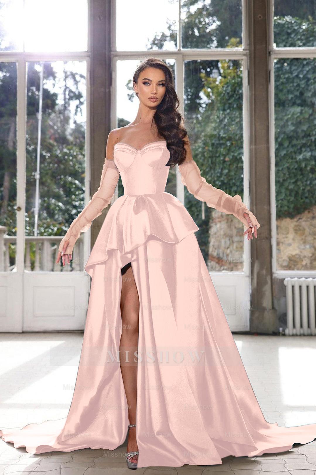 Blue Ink Sweetheart Detachable Long Sleeves A-Line Satin Ruffled Floor Length Formal Gown