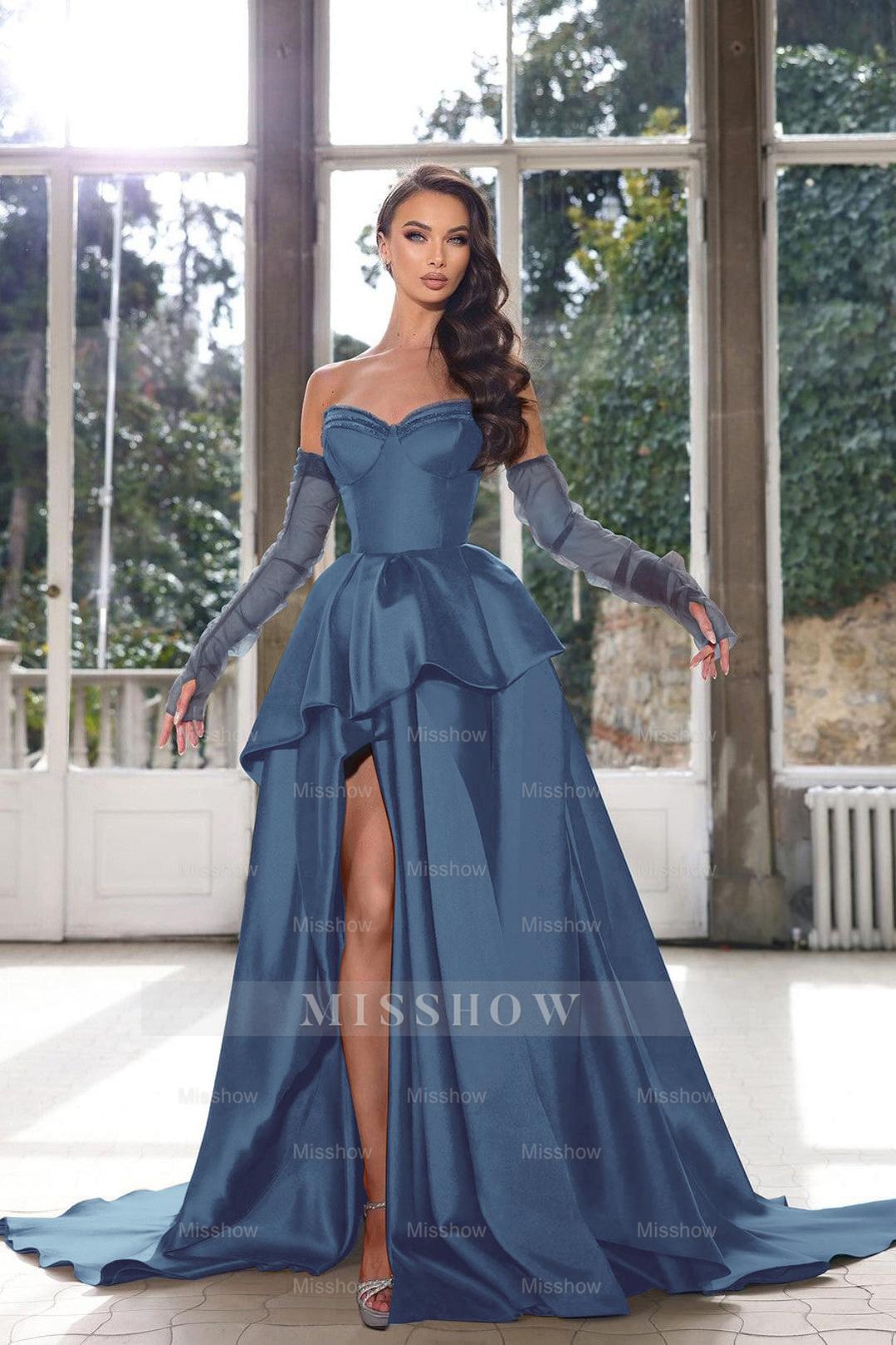 Blue Ink Sweetheart Detachable Long Sleeves A-Line Satin Ruffled Floor Length Formal Gown