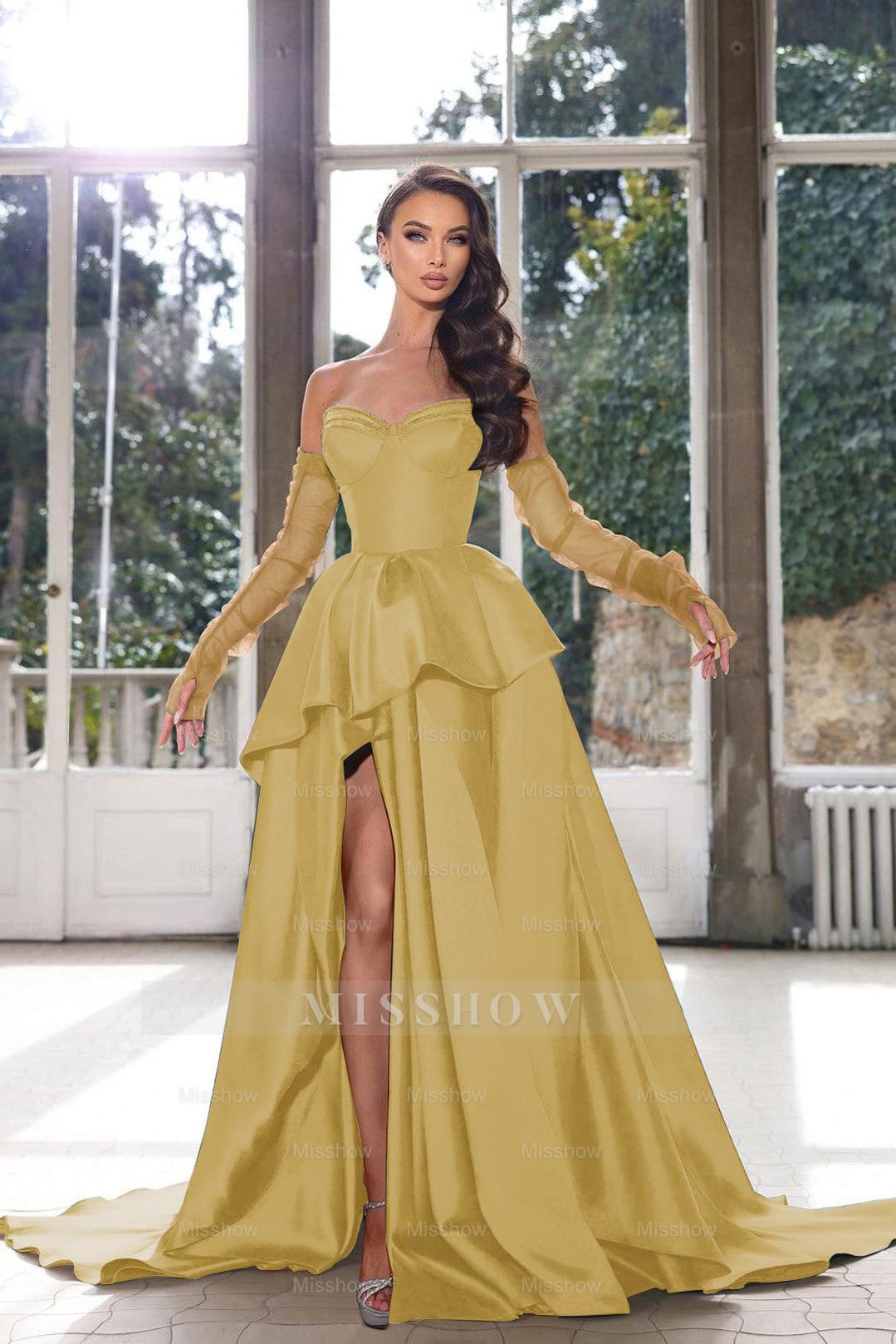 Blue Ink Sweetheart Detachable Long Sleeves A-Line Satin Ruffled Floor Length Formal Gown