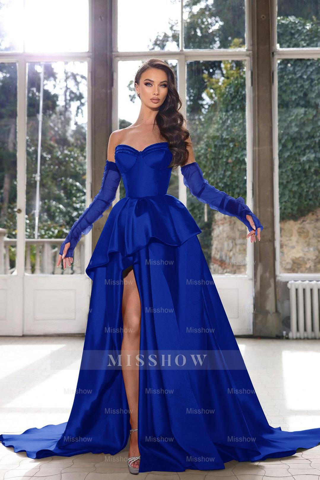 Blue Ink Sweetheart Detachable Long Sleeves A-Line Satin Ruffled Floor Length Formal Gown