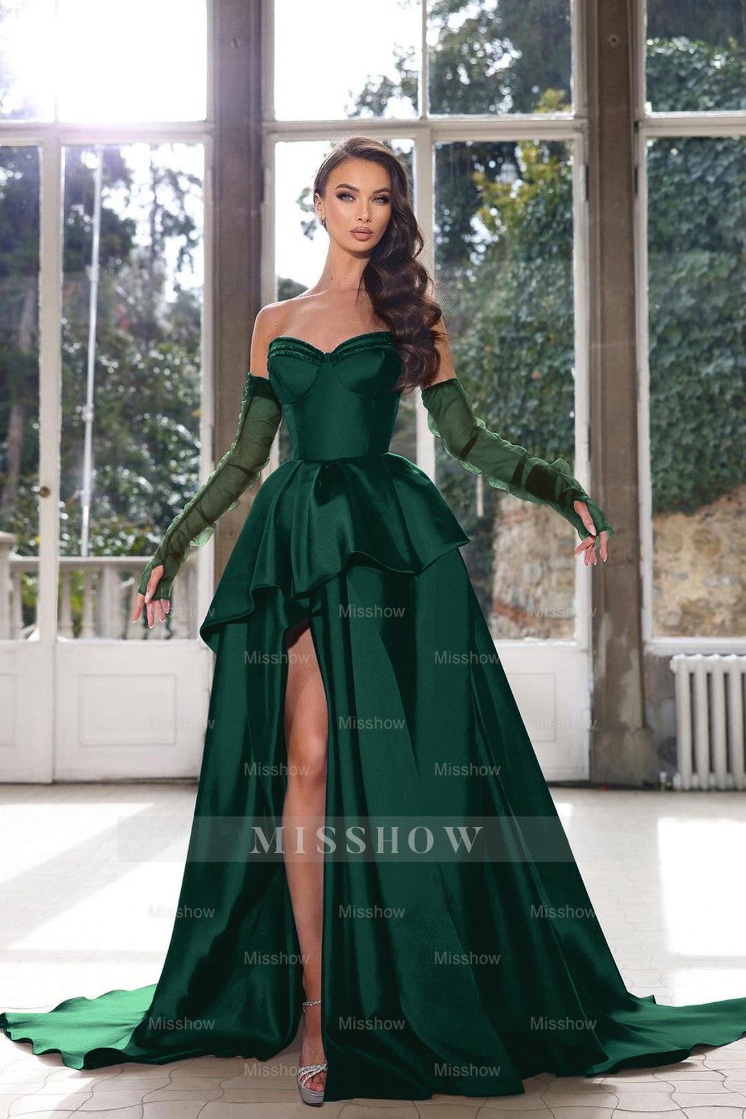 Blue Ink Sweetheart Detachable Long Sleeves A-Line Satin Ruffled Floor Length Formal Gown