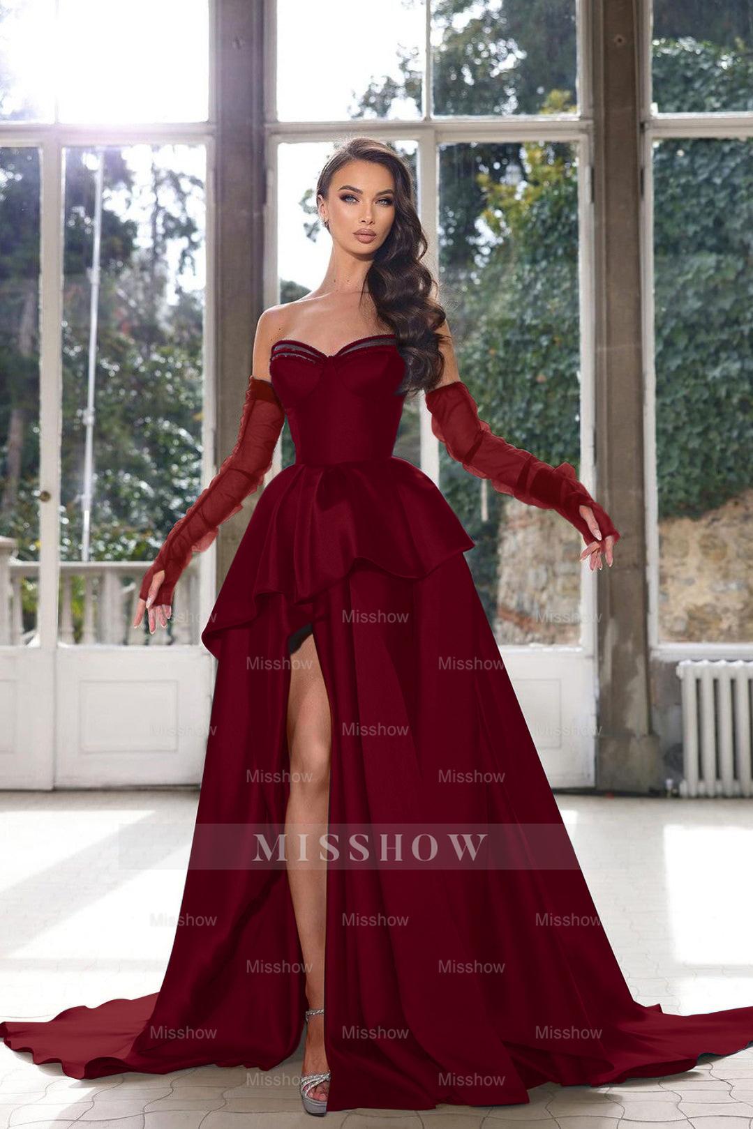 Blue Ink Sweetheart Detachable Long Sleeves A-Line Satin Ruffled Floor Length Formal Gown