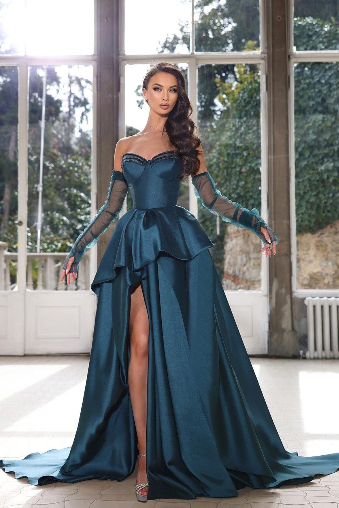Blue Ink Sweetheart Detachable Long Sleeves A-Line Satin Ruffled Floor Length Formal Gown
