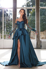 Blue Ink Sweetheart Detachable Long Sleeves A-Line Satin Ruffled Floor Length Formal Gown