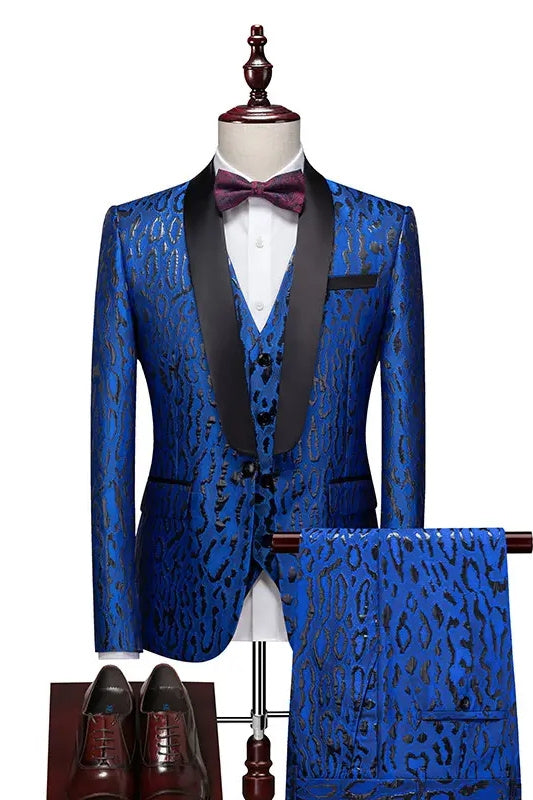 Blue Jacquard Shawl Collar Three-Piece Slim Fit Wedding Ensemble
