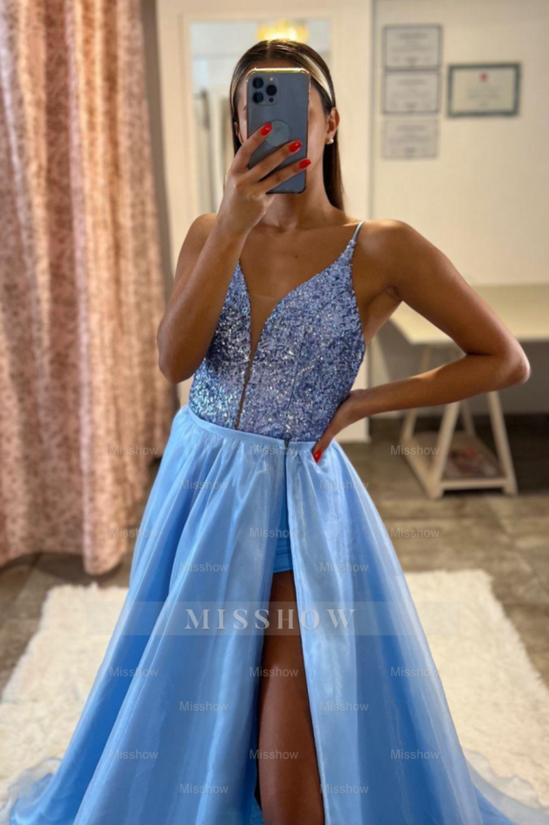 Blue Lace-Up V-Neck Spaghetti Straps Sequined A-Line Floor Length Formal Evening Dress