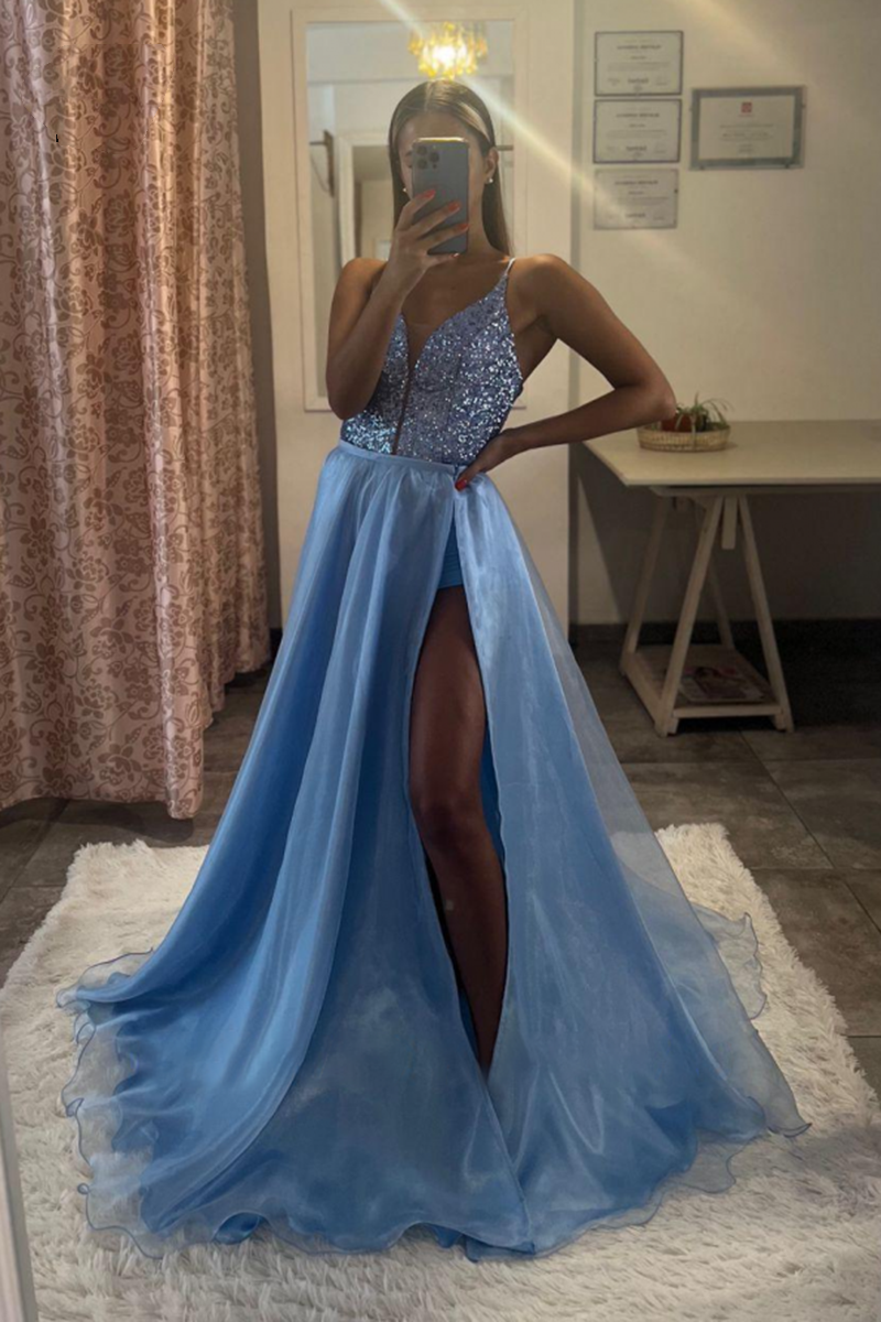Blue Lace-Up V-Neck Spaghetti Straps Sequined A-Line Floor Length Formal Evening Dress